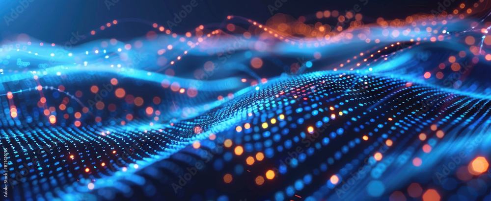 Poster cyber data in digital space, blue network surface abstract background. dots, lights and lines of sec