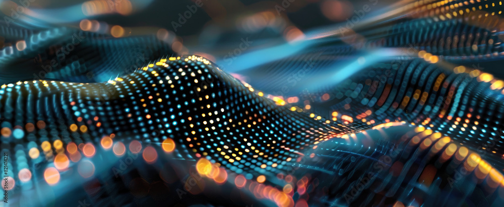 Poster cyber data in digital space, blue network surface abstract background. dots, lights and lines of sec