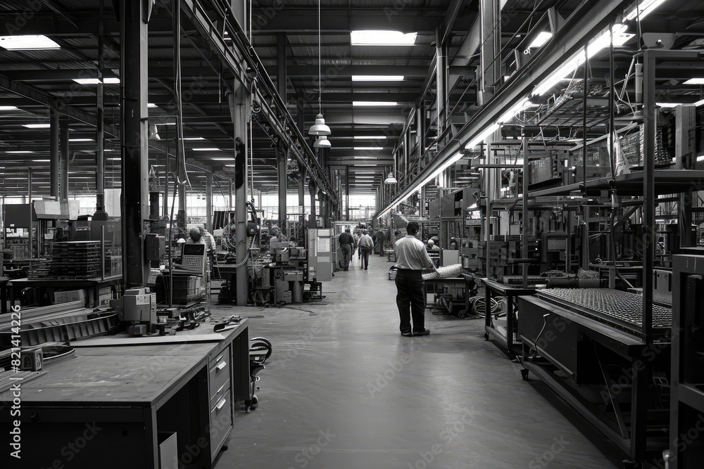 Poster Factory floor with workers operating machinery