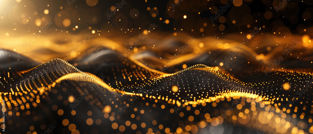 Poster cyber data in digital space, yellow orange network surface abstract background. dots, lights and lin