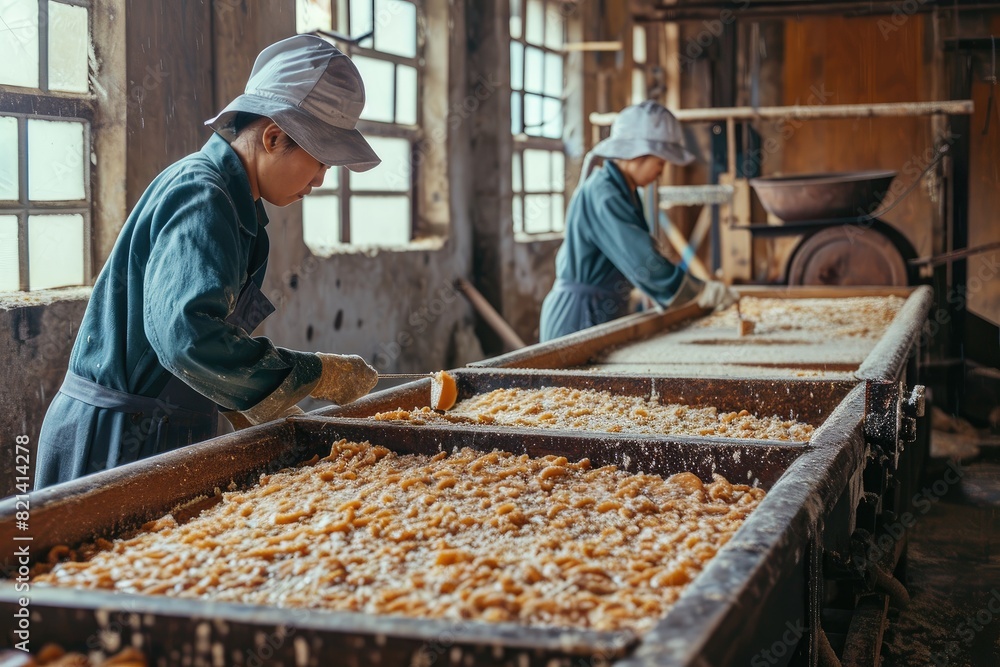 Poster factory workers handling raw materials