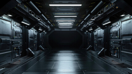 Dark corridor in futuristic spaceship, spacecraft black interior with outside gate like in scifi movie. Concept of future, space, room, background.