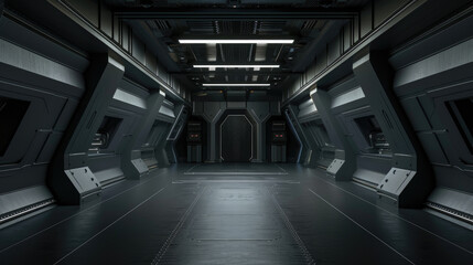 Dark corridor in futuristic spaceship, spacecraft metal interior with low light like in scifi movie. Concept of background, future, space, room, technology.