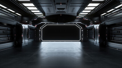 Dark spooky corridor in futuristic spaceship, spacecraft metal interior with open gate like in scifi movie. Concept of future, space, industrial room, background,