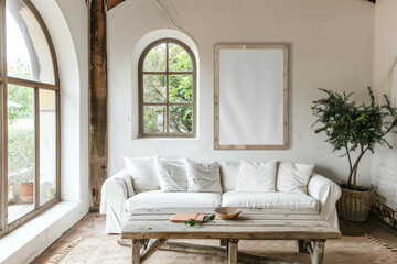 Living room interior with white couch, rough furniture and frame mockup poster on wall, rustic home design. Concept of old house, vintage scandinavian style, art
