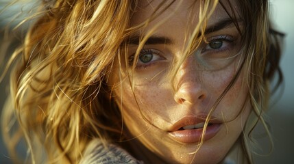 Close-up portrait of a young woman with sunlit golden hair and freckles, capturing the natural beauty and subtle expressions in warm, gentle light