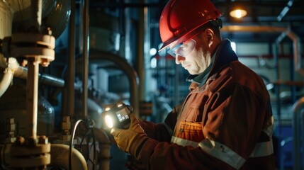 A worker conducting a routine inspection of an industrial steam boiler using a flashlight to check for any potential issues.