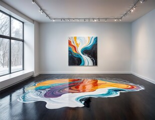colorful abstract painting is hanging on the wall in the background. The floor is covered with an even larger abstract painting that looks like milk spilled on the floor.