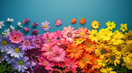 An artistic composition of rainbow-colored flowers arranged in the shape of a flag, representing LGBTQ+ pride and diversity, with space for text or branding