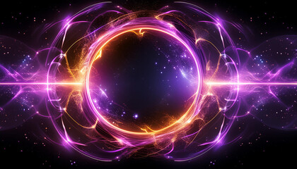 Obraz premium Abstract neon energy sphere of particles and waves of magical glowing on a dark background, circle and loop frames with magic purple and pink flame and sparks