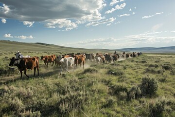 Farmers herding cattle in a pasture