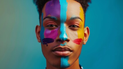 Young adult man with artistic multicolored face paint posing against a blue background, exuding a sense of creative expression and identity