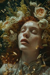 A Serene Portrait of a Red-Haired Woman Surrounded by Lush Flowers and Delicate Droplets, Evoking a Dreamlike Tranquility and Ethereal Beauty