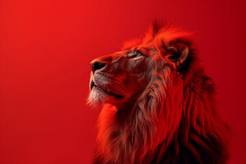 Naklejka premium A dynamic shot of the lion on Red background, quickly turn head, dramatic art pieces lighting, minimalism, low key, low contrast,
