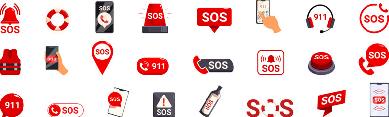 Sos sign vector. A collection of icons for the SOS button, including a cell phone, a bottle, a red SOS button, and a red SOS sign