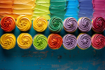 Close-up of rainbow-colored cupcakes arranged in the shape of a flag, representing LGBTQ+ pride and celebration, with room for text or branding