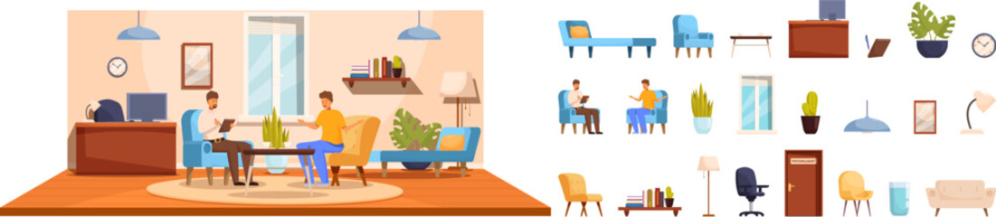 Psychologist office vector. A man and a woman are sitting in a living room. The man is holding a book and the woman is holding a tablet. The room is furnished with a couch, a chair, and a potted plant