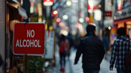A vivid image showing a No Alcohol sign in a bustling street scene as people walk down a crowded alley, illuminated by colorful lights