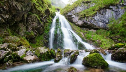 A majestic waterfall cascading down moss-covered rocks.