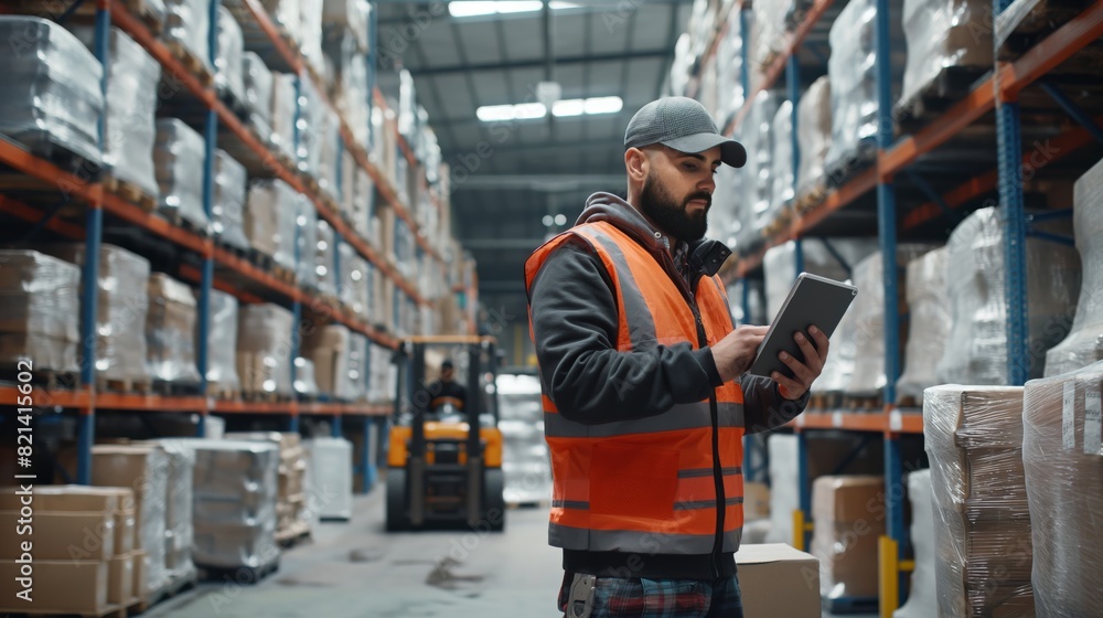 Poster a warehouse worker efficiently manages inventory using a tablet in a distribution center. they wear 