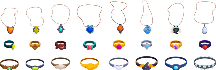 Witch jewelry vector. A collection of necklaces and rings are shown in a row. The necklaces are of various sizes and colors, and the rings are also of different sizes and colors. Scene is one of