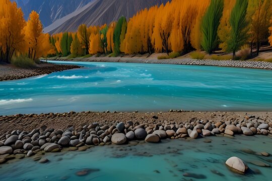 Autumn scene, blue turqu oise water of Gilgit river flowing through Gupis,Pakistan. Autumn scene, blue turquoise water of Gilgit river flowing through Gupis, Ghizer, Gilgit-Baltistan, Pakistan.
