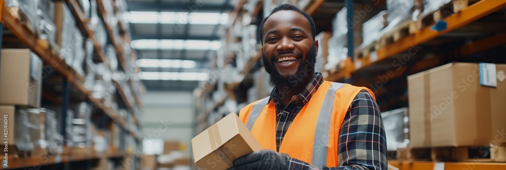 Poster in a distribution center, a smiling warehouse worker demonstrates teamwork and efficiency while hold