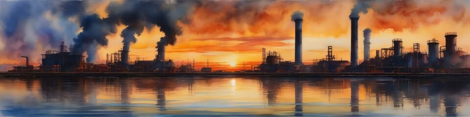 This image abstractly portrays the environmental challenge of industrial pollution, with dark smoke set against an orange sky, reminding us of the delicate balance between progress and nature.