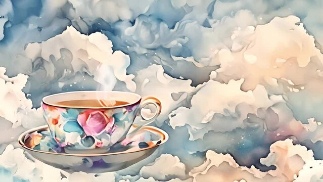 Elegant porcelain teacup with floral design on dreamy watercolor cloud background, ideal for Mother's Day promotion or artistic tea-time concepts