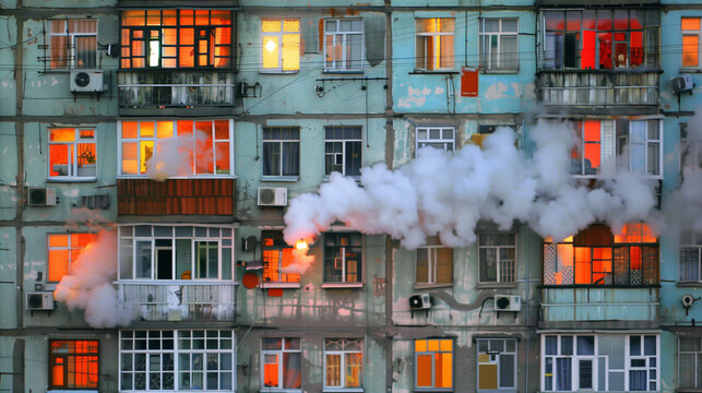 Smoke billows from an old Soviet building at sunrise, windows glowing with orange light