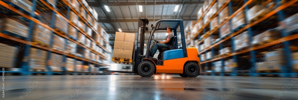 Poster A warehouse worker is using a forklift to operate among shelves, managing inventory efficiently in an industrial setting. This involves loading, unloading, and sorting cargo for distribution