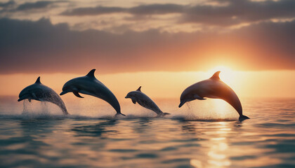 pod of dolphins jumping on the water surface at sunset in the ocean
