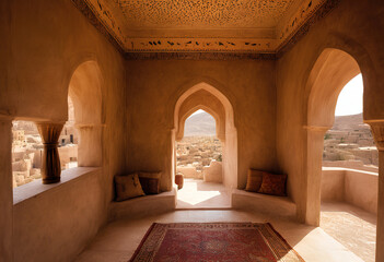 Interior of an old traditional Arabic house under strong sunlight with shades of wooden gutters, carved wooden doors and window grilles for ventilation.
