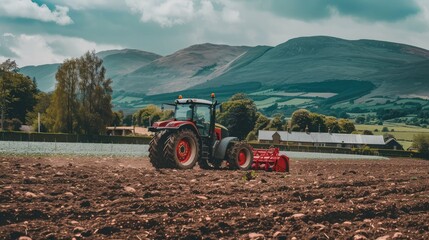 Obraz premium A tractor plows a countryside field with mountains and houses in the background, green potato fields, loading red agricultural granulate, a driver on the front wheel of the tractor.