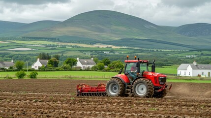 Fototapeta premium A tractor plows a countryside field with mountains and houses in the background, green potato fields, loading red agricultural granulate, a driver on the front wheel of the tractor.
