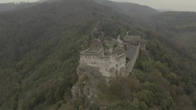 Aerial View and Drone Flight of Burgruine Aggstein in Wachau, Scenic River Valley and Castle Ruins in Austria, D-Log