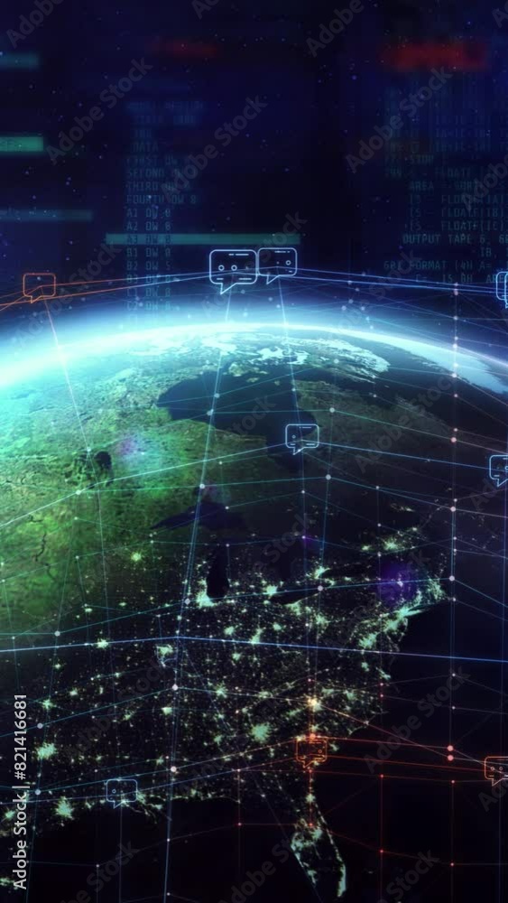 Poster a social network entangling the planet against a backdrop of data.