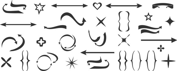 Set of long arrows and abstract symbols.Circular arrows. Mathematical brackets. Vector 
