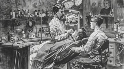 Vintage illustration of a dentist examining a patient's teeth in a dental office