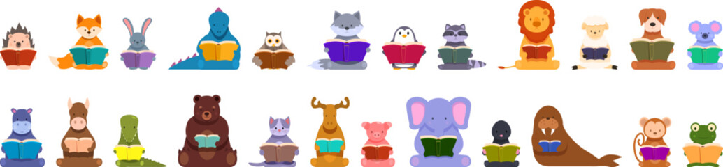 Animals read fairy tales vector. A group of cartoon animals are reading books. Some of the animals are reading while others are just sitting © nsit0108