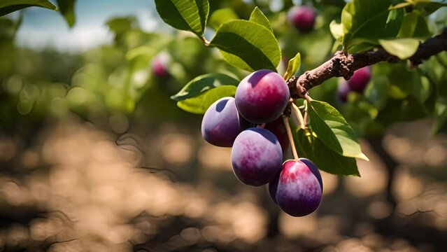 Ripe purple plums hanging on a sunlit tree branch in an orchard, ideal for agricultural themes, harvest season, and healthy eating concepts