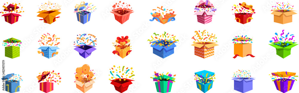 Poster giftbox confetti explosion vector. a collection of colorful boxes with one of them having a large ex