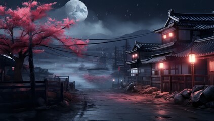 Rural Reverie Cherry Trees and Evening Fog in Japan.