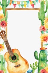 Obraz premium Clean and simple frame, Mexican style, fiesta, Mexican hat, cactus guitar.