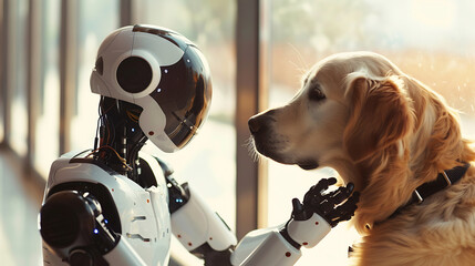 the image depicts a robot and a dog in close proximity, possibly interacting with each other