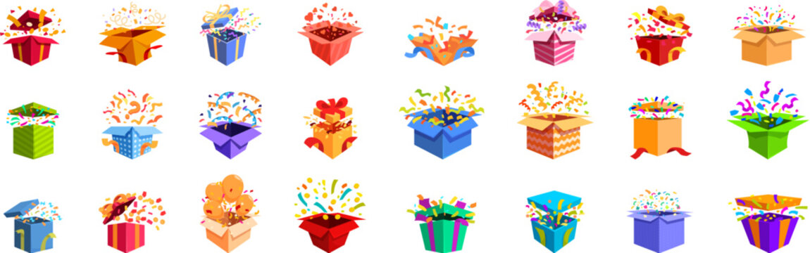 Giftbox confetti explosion vector. A collection of colorful boxes with one of them having a large explosion. The boxes are arranged in a row and are all different sizes