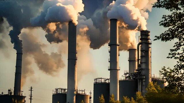 Industrial smokestacks emitting dense smoke against a sunset sky, symbolizing air pollution and environmental issues, relevant for Earth Day and environmental awareness content