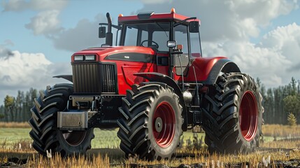 Fototapeta premium A red combine working in a wheat field, shot from behind the machine, sunny day, forest in the background. Harvesting on the field.