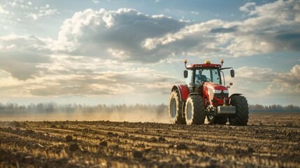 Obraz premium A red combine working in a wheat field, shot from behind the machine, sunny day, forest in the background. Harvesting on the field.