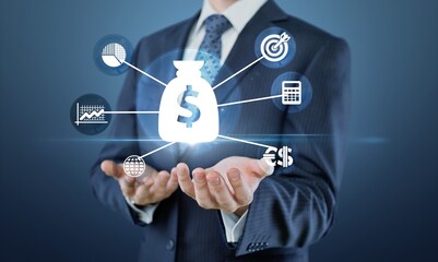 Businessman or trader hold icon of business finance